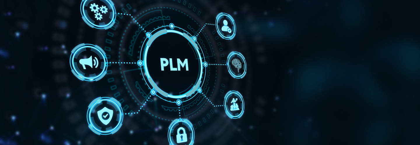mörk bakgrund med symboler kopplade till PLM