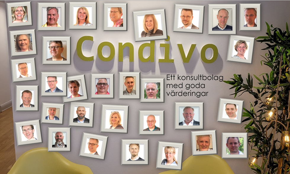 En vägg med tavlor på Condivos medarbetare